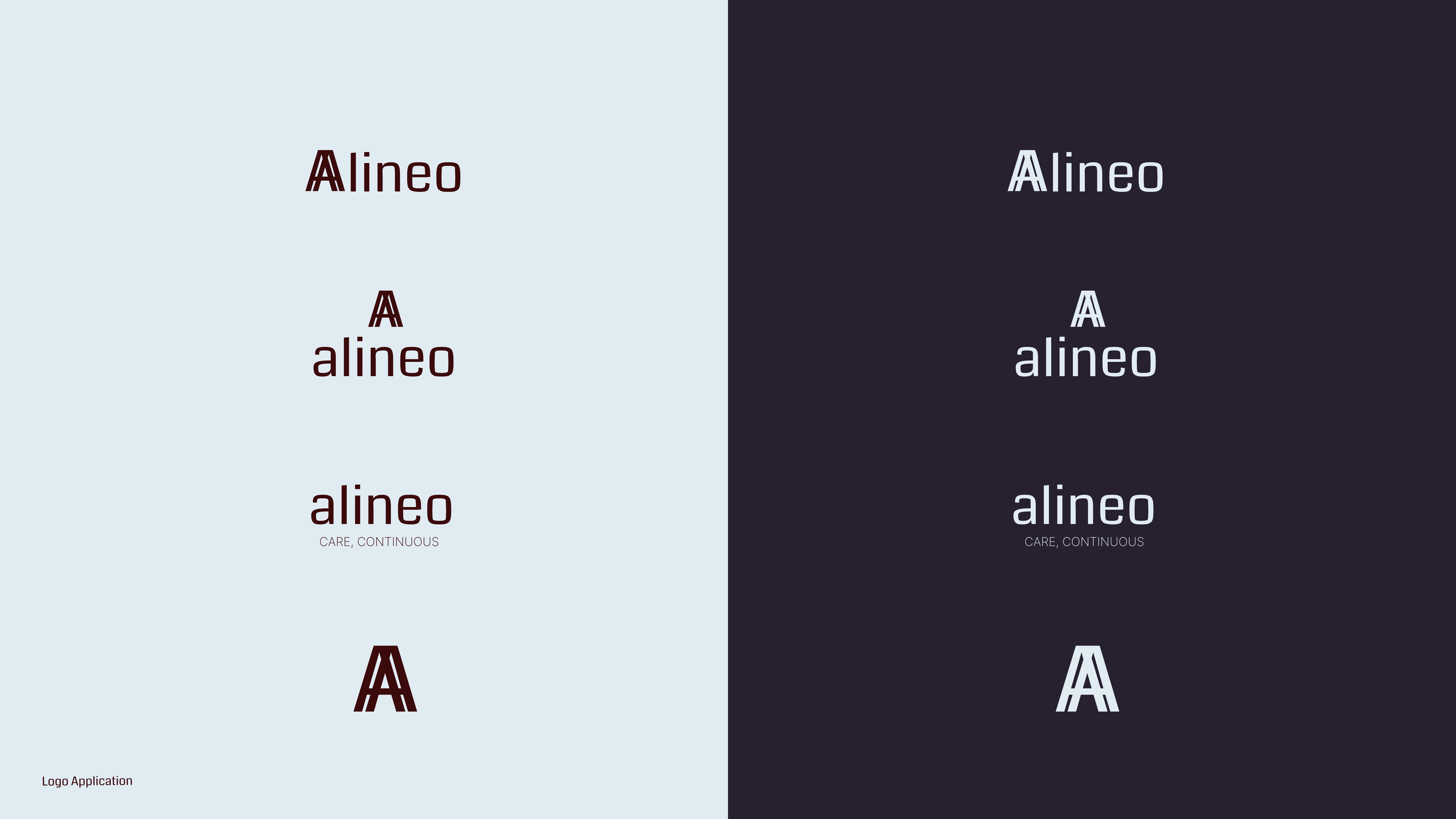 Alineo logo application across light and dark