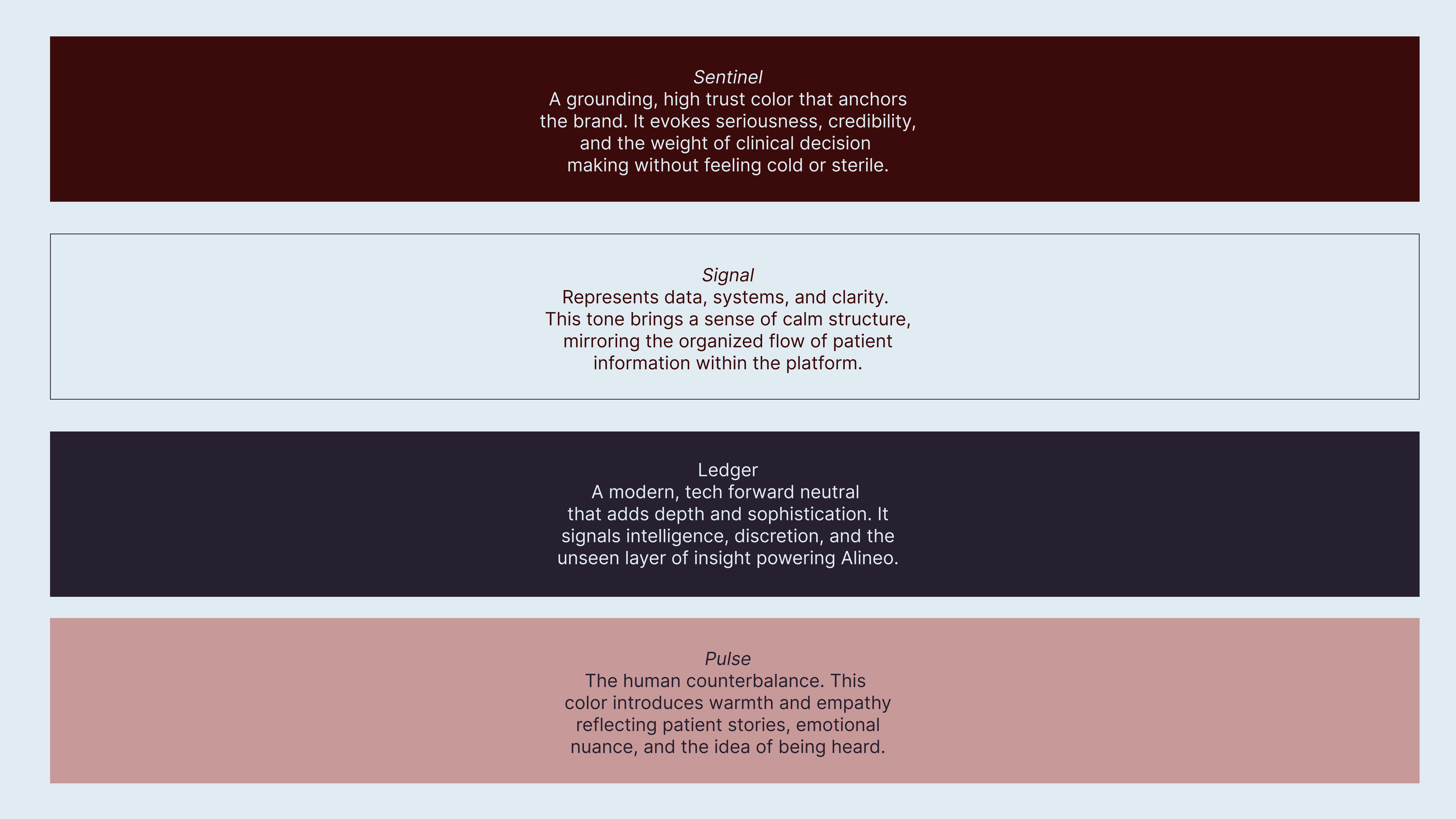 Alineo named brand colors — Sentinel, Signal, Ledger, Pulse