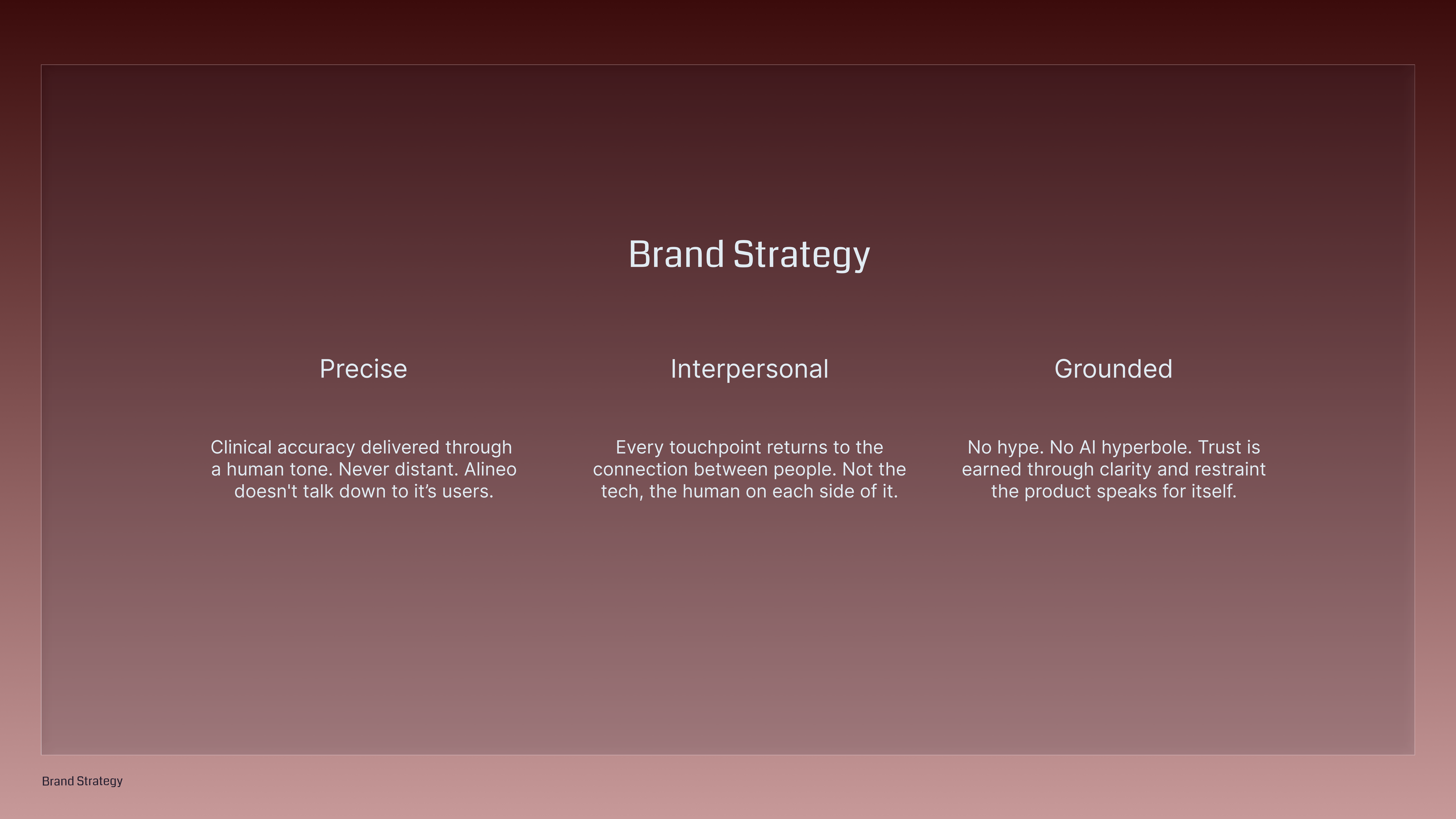 Alineo brand strategy — Precise, Interpersonal, Grounded