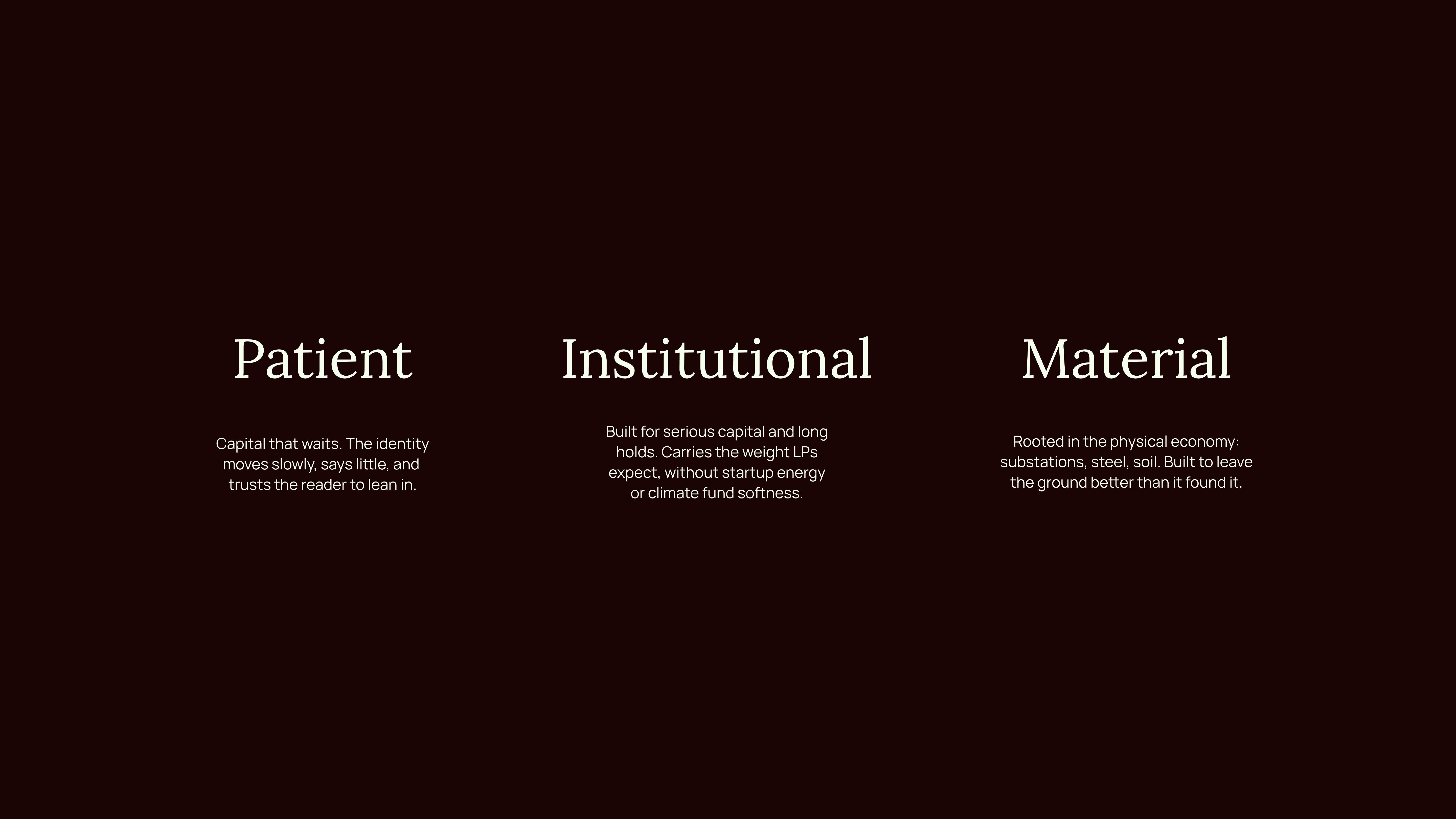 Cedar Grove Capital brand attributes — Patient, Institutional, Material