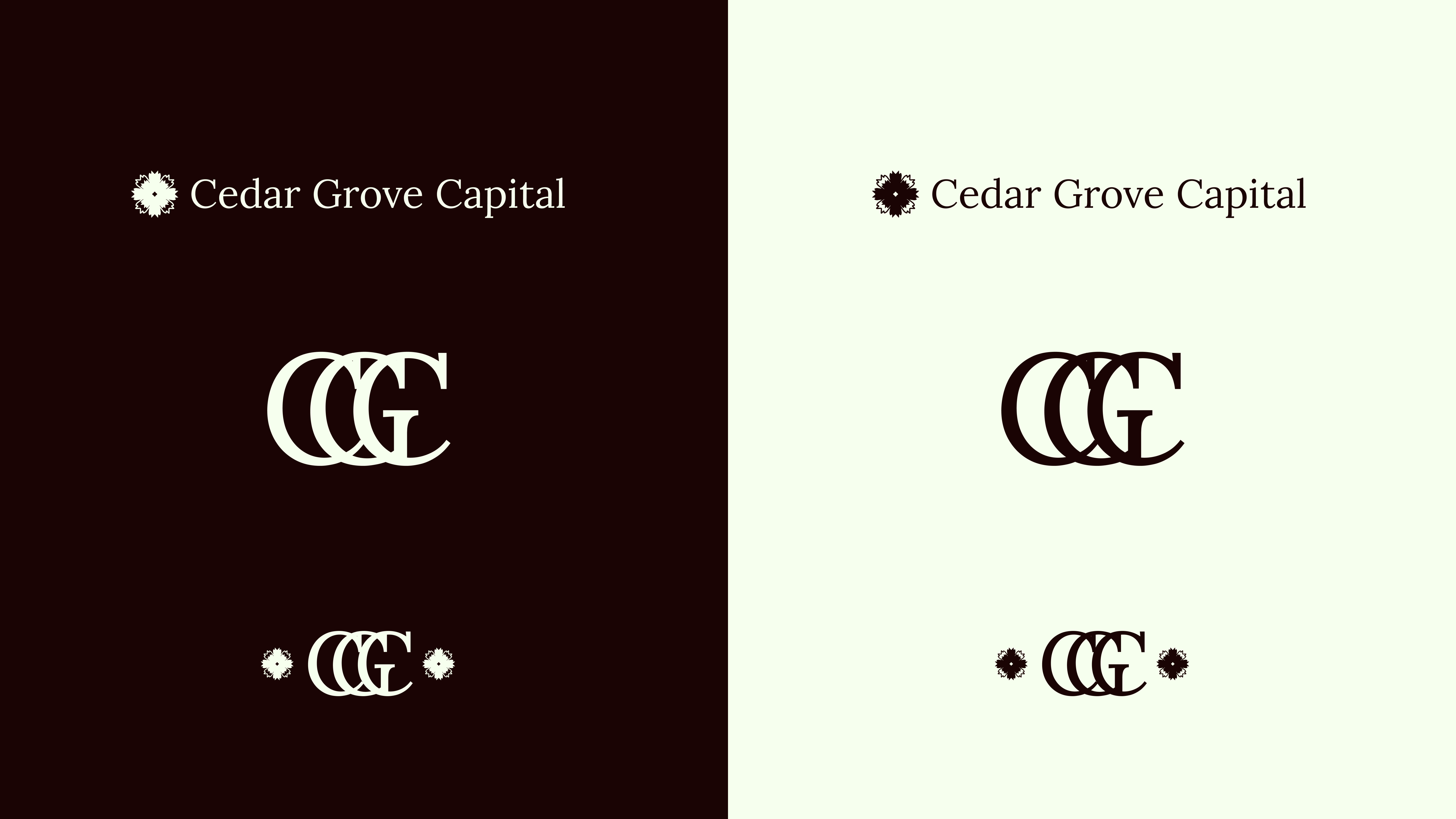 Cedar Grove Capital logo applications in light and dark
