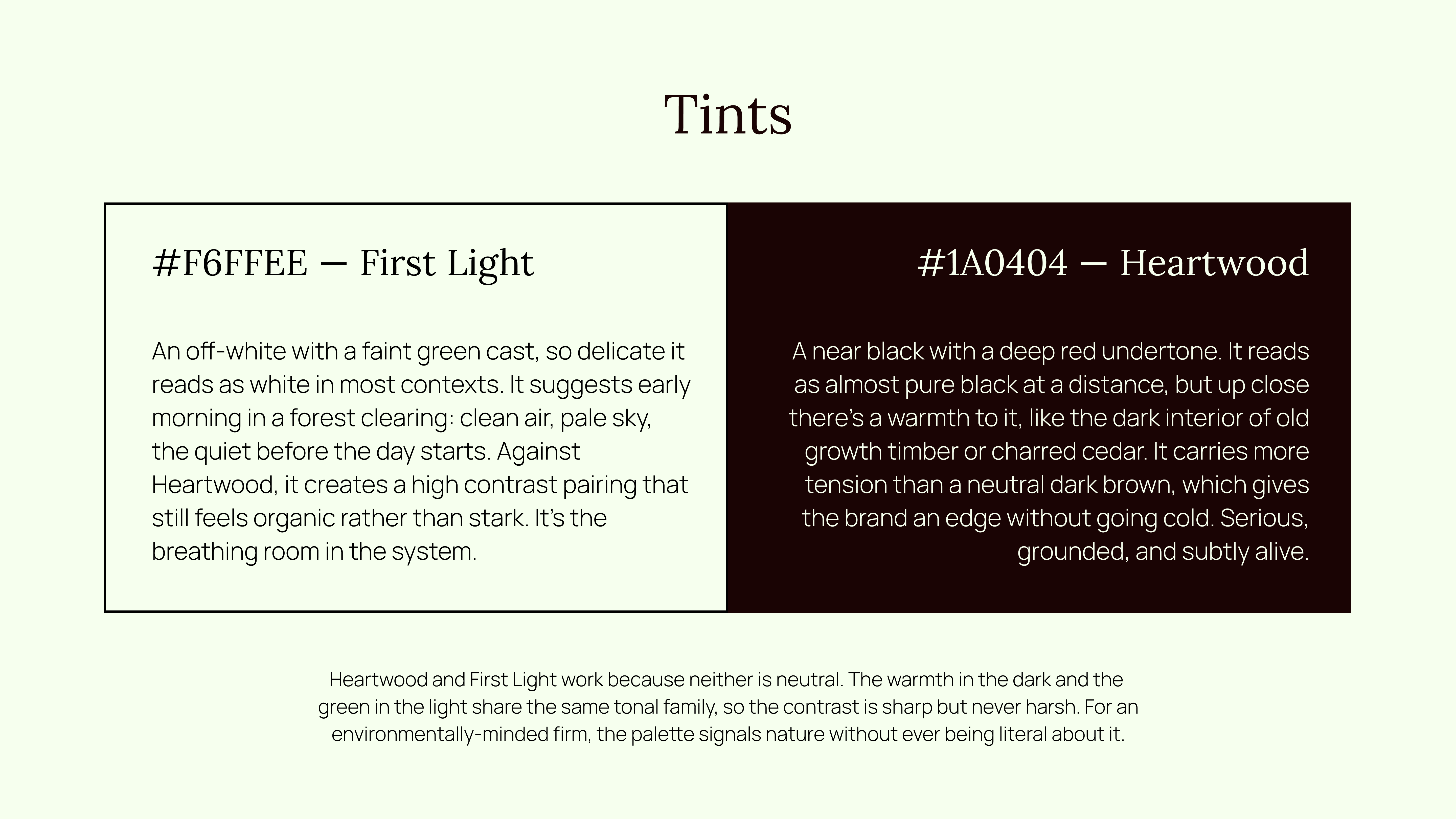 Cedar Grove Capital color tints — First Light and Heartwood