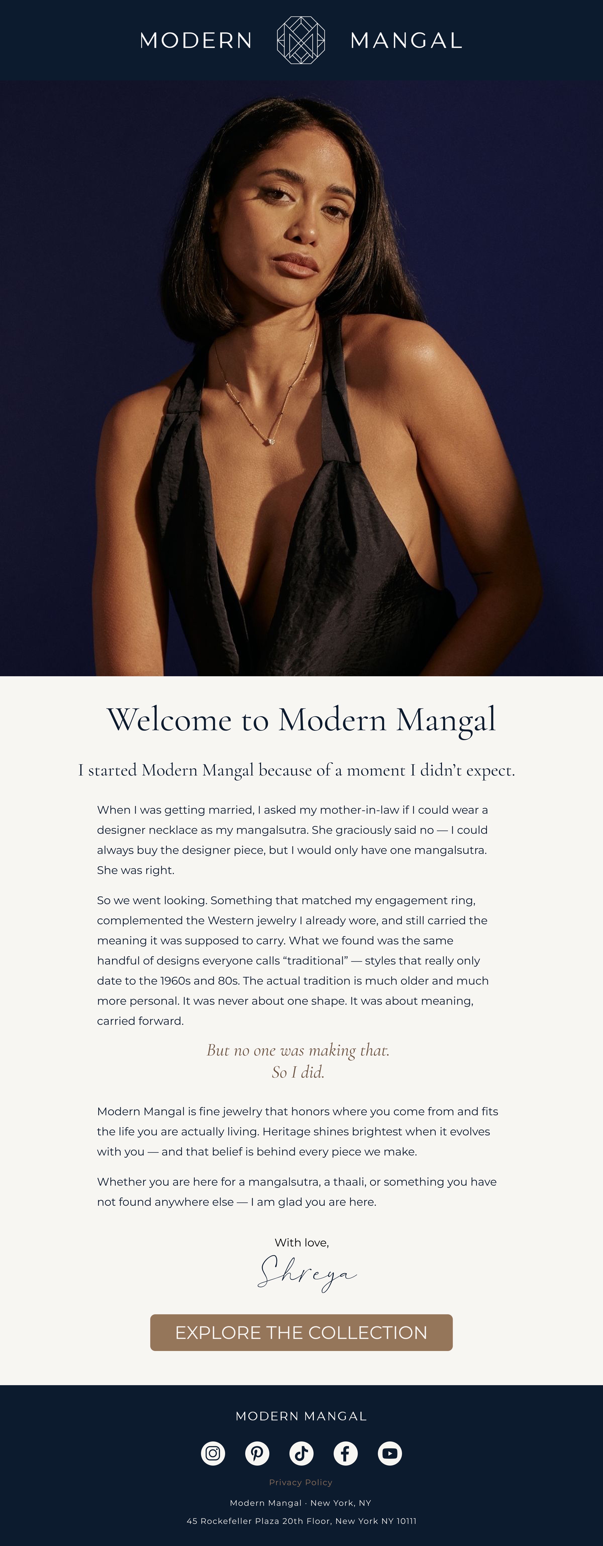 Modern Mangal welcome flow email — founder's letter from Shreya
