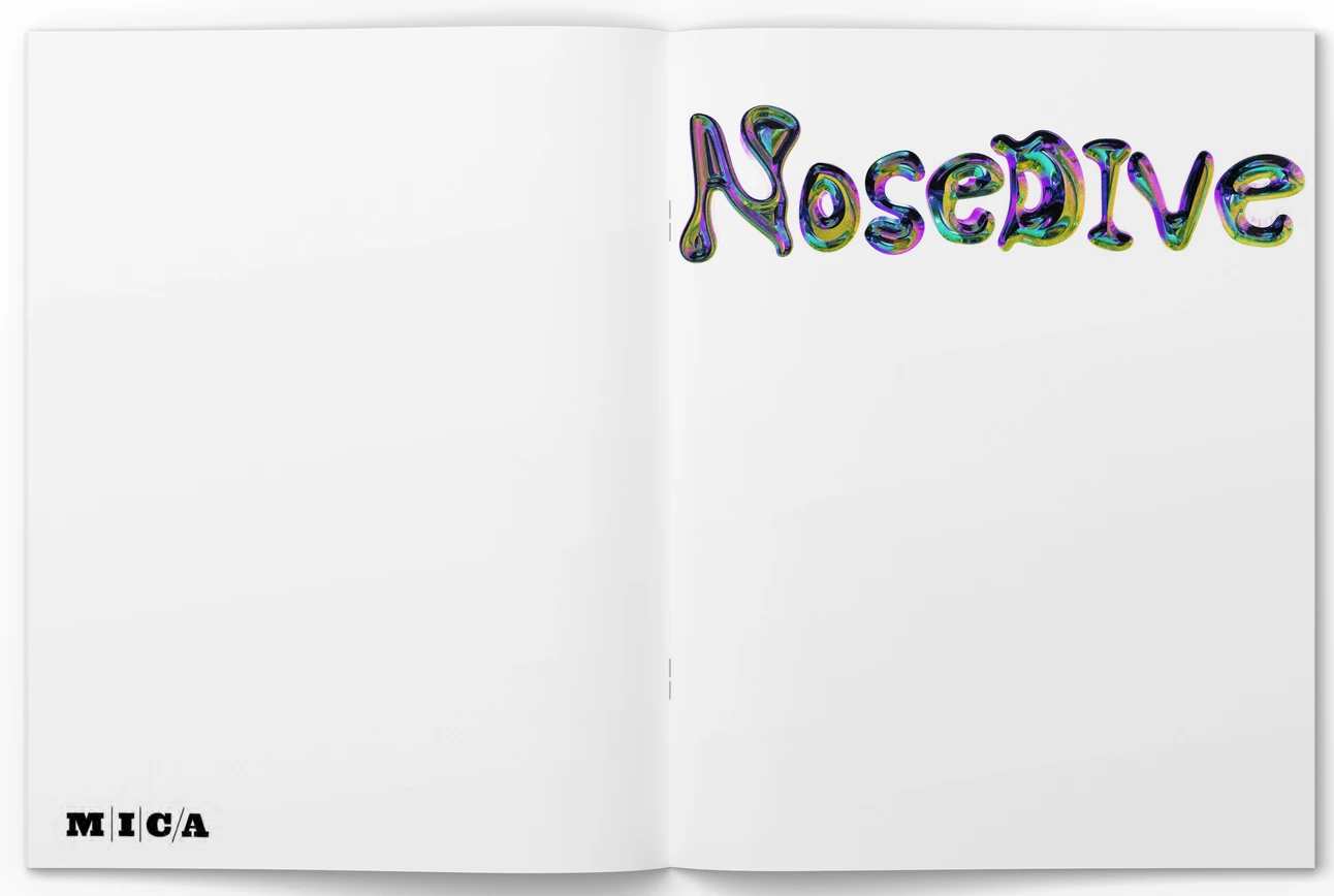 NOSEDIVE title spread with iridescent chrome logotype