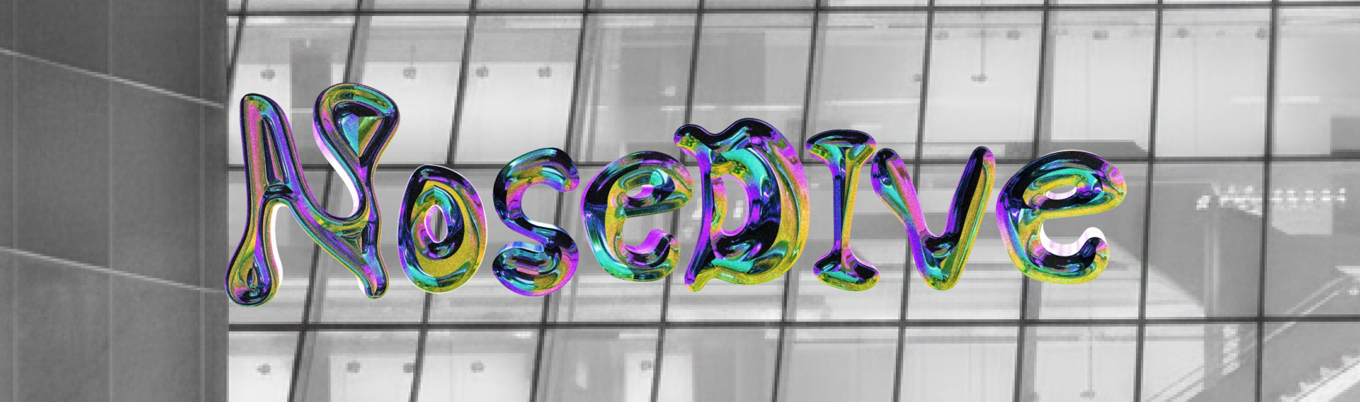 NOSEDIVE chrome liquid-metal logotype over a grayscale building facade