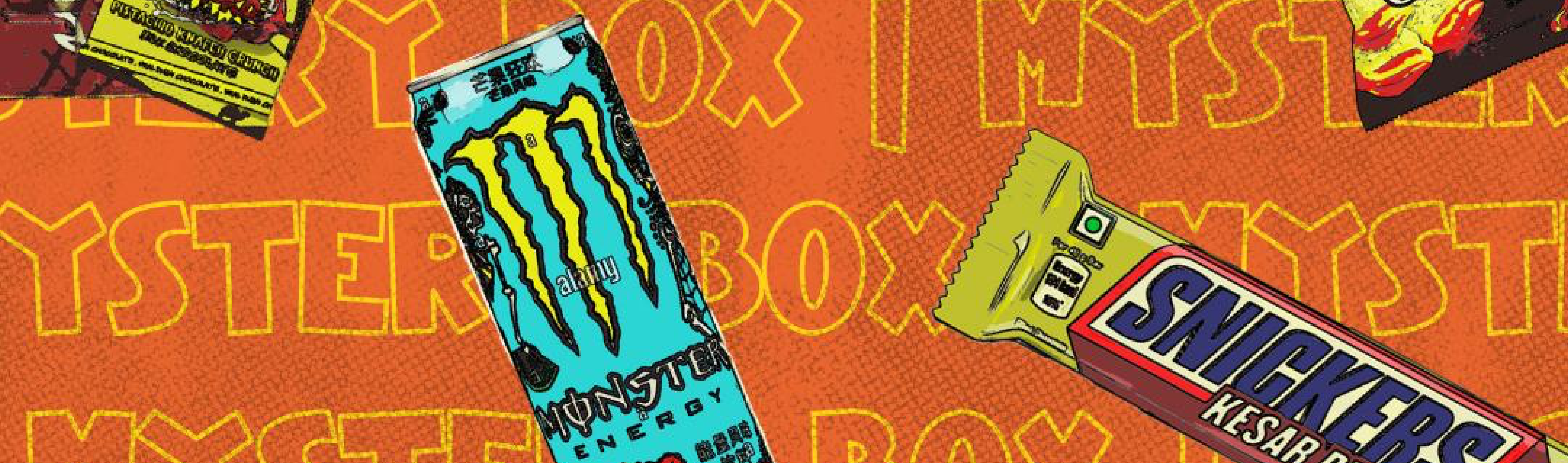 Snack'd viral snacks — Monster Energy and Snickers on a Mystery Box backdrop