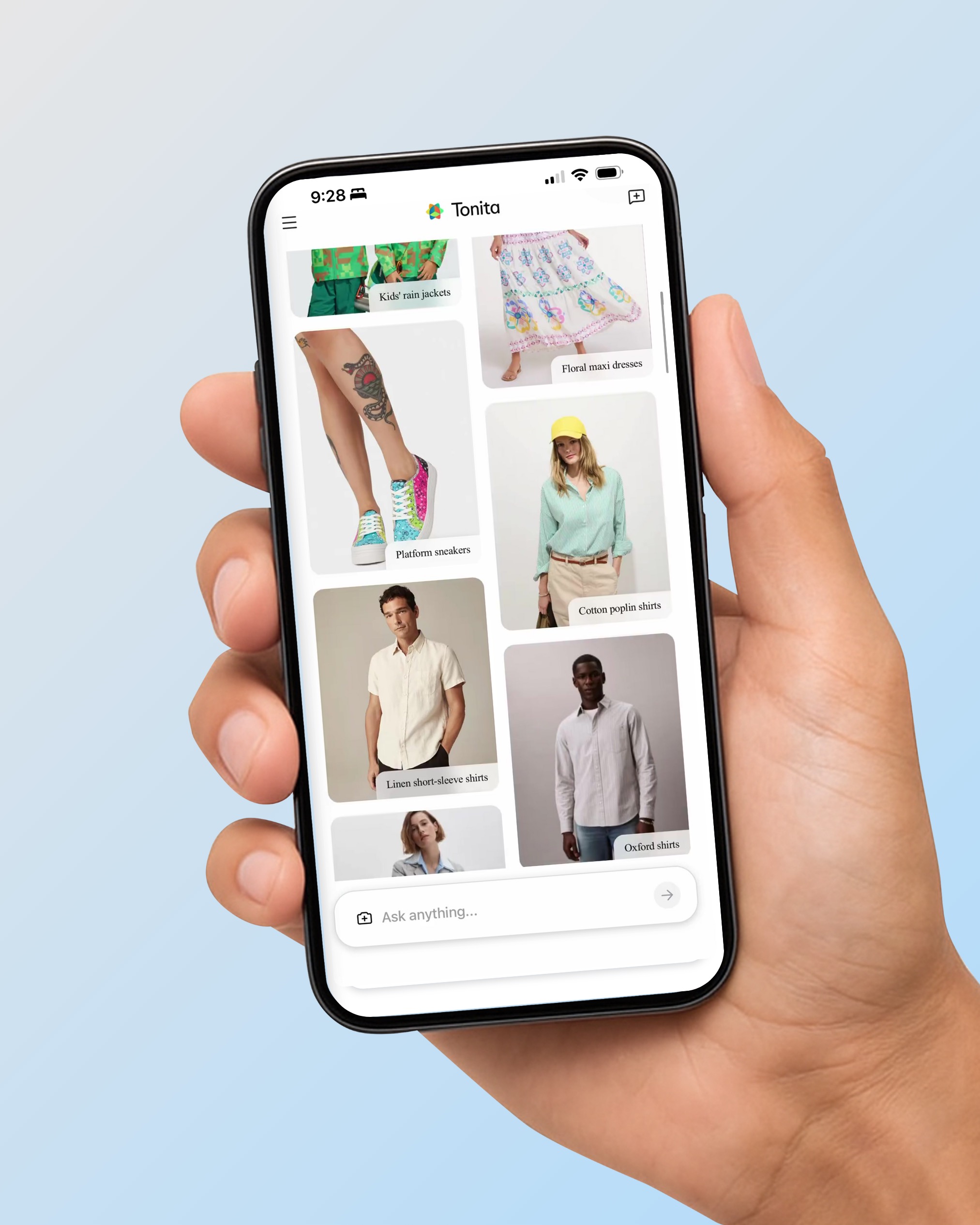 Tonita app feed of fashion results held in hand