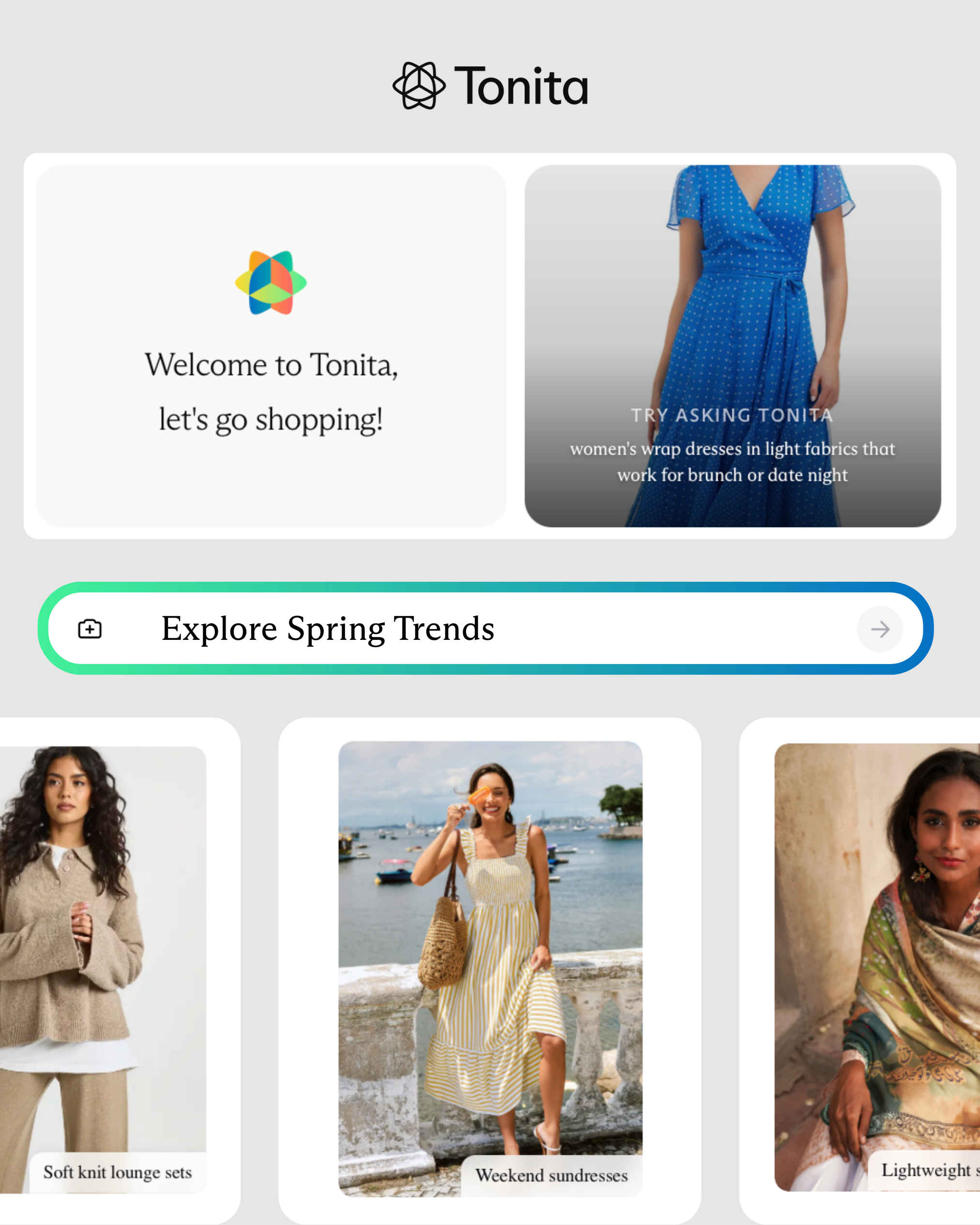 Tonita welcome and Explore Spring Trends screen